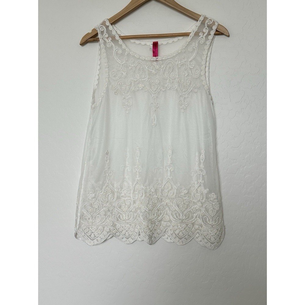Universal Fashion Top Women's SZ L Cream Sheer Victorian Boho Mesh Embroidered